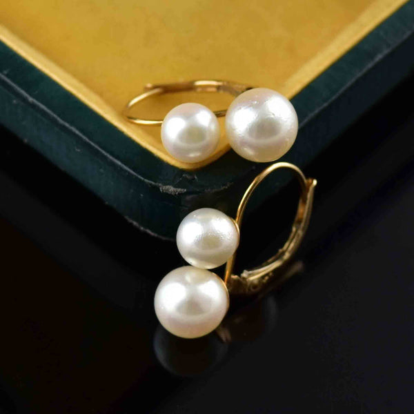 Vintage 14K Gold Double Pearl Drop Earrings - Boylerpf