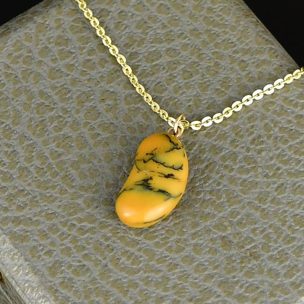 Vintage 9K Gold Dendritic Honey Opal Lucky Bean Necklace