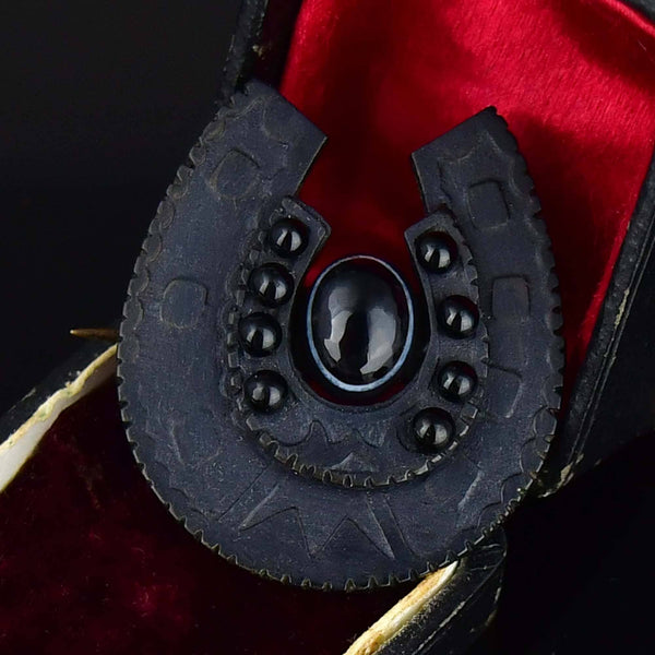 Antique Vulcanite Bullseye Agate Horseshoe Brooch