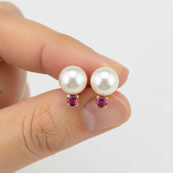 Vintage 14K Gold Ruby Pearl Stud Earrings - Boylerpf