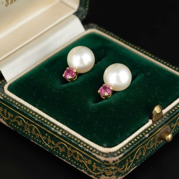 Vintage 14K Gold Ruby Pearl Stud Earrings - Boylerpf