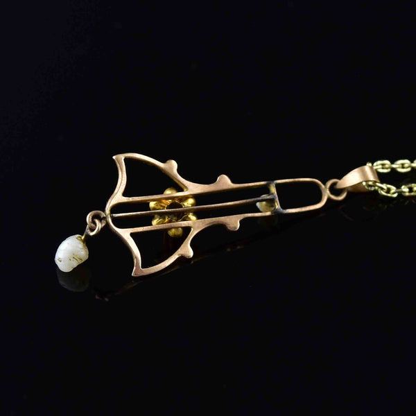 Antique Edwardian 10K Gold Diamond Pearl Lavaliere Necklace - Boylerpf