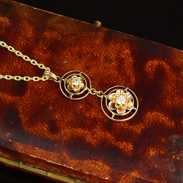 Antique 10K Gold Victorian Diamond Buttercup Lavalier Pendant
