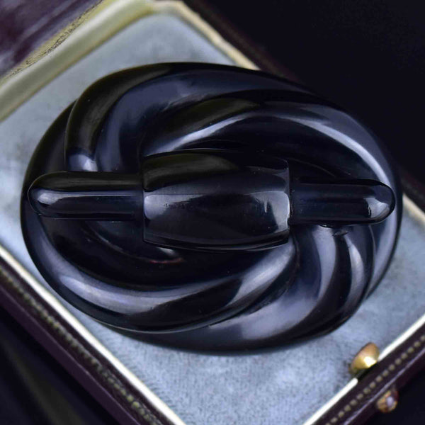 Antique Victorian Carved Whitby Jet Lovers Knot Brooch - Boylerpf