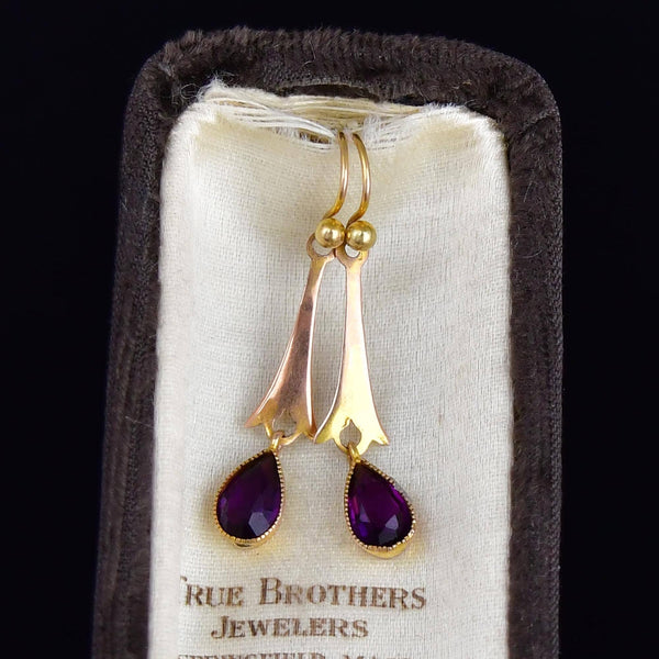 Antique Edwardian Gold Pear Cut Amethyst Drop Earrings - Boylerpf