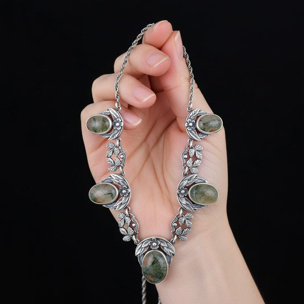 Antique Arts & Crafts Silver Dendritic Moss Agate Necklace - Boylerpf