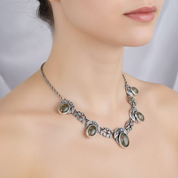 Antique Arts & Crafts Silver Dendritic Moss Agate Necklace - Boylerpf