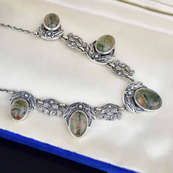 Antique Arts & Crafts Silver Dendritic Moss Agate Necklace - Boylerpf