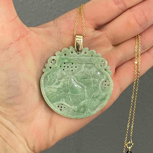 Vintage 14K Gold Carved Jade Fish Lilly Pad Pendant Necklace - Boylerpf