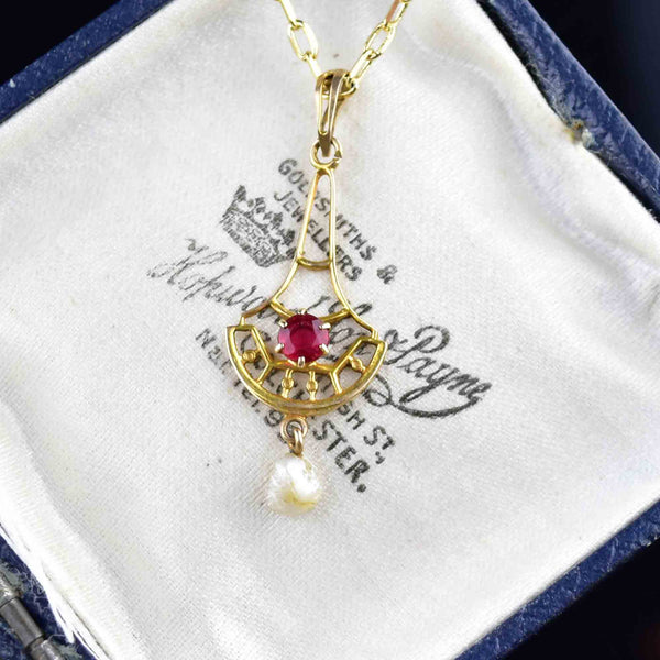 Antique 10K Gold Garnet Seed Pearl Lavalier Pendant Necklace - Boylerpf
