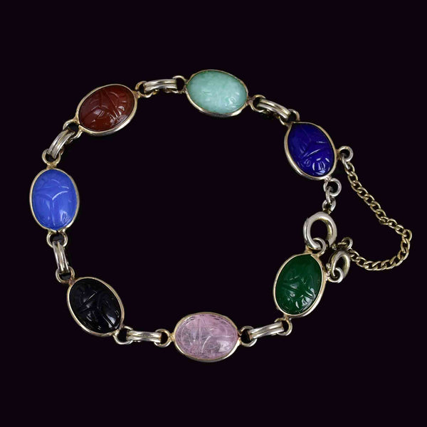 Vintage Multi Gemstone Egyptian Beetle Bug Scarab Bracelet - Boylerpf