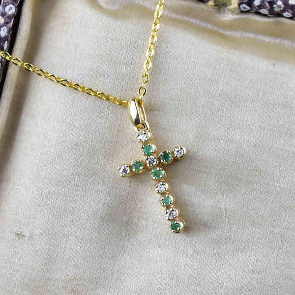Vintage 14K Gold Diamond Emerald Cross Pendant Necklace - Boylerpf