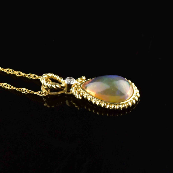10K Gold Rope Fire Opal Diamond Pendant Necklace - Boylerpf
