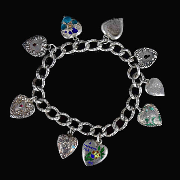 Antique Personalized Silver Enamel Puffy Heart Charm Bracelet - Boylerpf