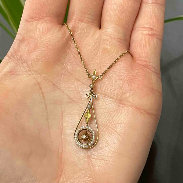 Antique Gold Diamond Seed Pearl Target Lavaliere Necklace - Boylerpf