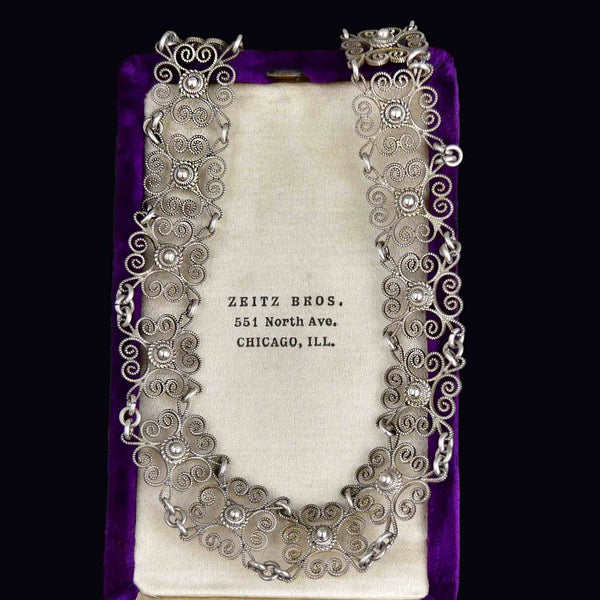 Vintage Art Deco Style Danish Silver Filigree Collar Necklace - Boylerpf