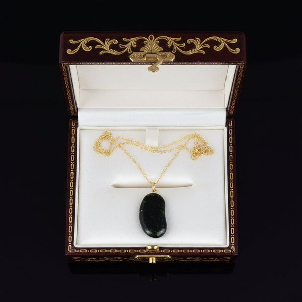 Vintage 9K Gold Green Goldstone Lucky Bean Charm Necklace