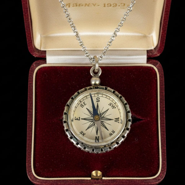 Antique Silver Working Compass Fob Pendant Necklace - Boylerpf