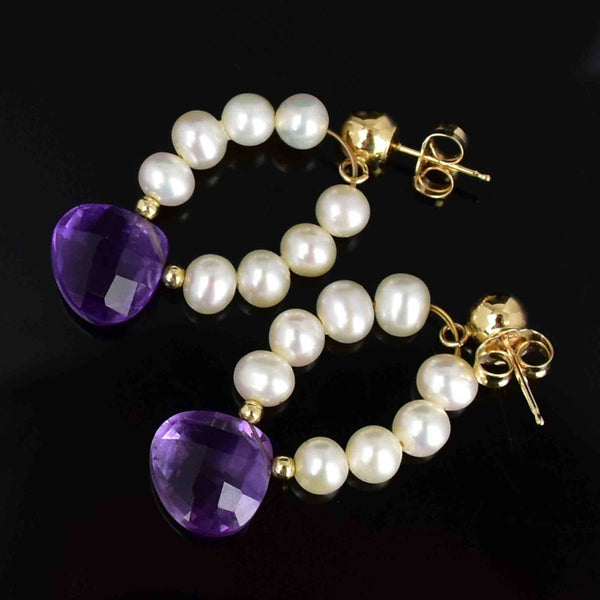 Vintage 14K Gold Amethyst Pearl Stud Hoop Drop Earrings - Boylerpf