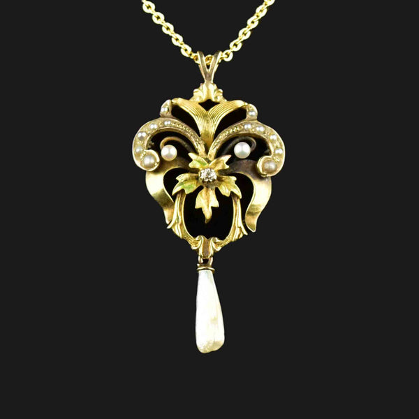 Antique Diamond Pearl 10K Gold Floral Lavalier Necklace - Boylerpf