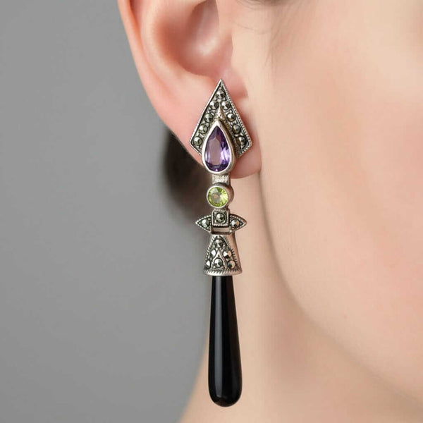 Sterling Silver Amethyst Peridot Marcasite Onyx Drop Earrings - Boylerpf