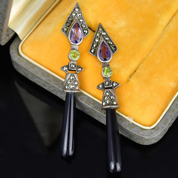 Sterling Silver Amethyst Peridot Marcasite Onyx Drop Earrings - Boylerpf
