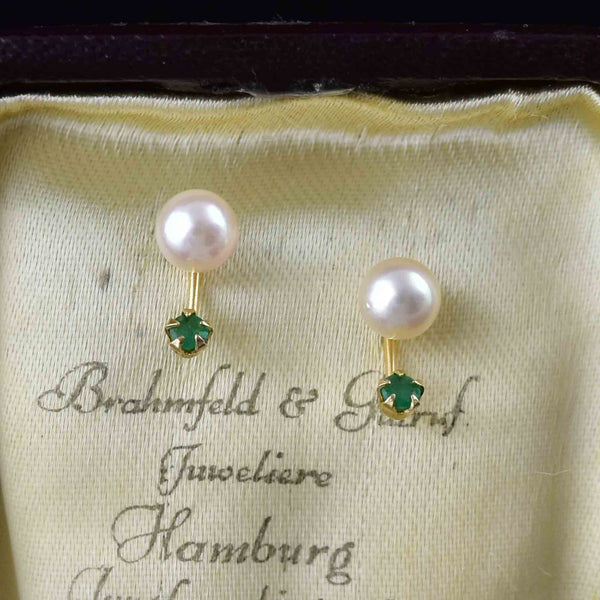 Vintage 14K Gold Emerald Pearl Stud Drop Earrings - Boylerpf