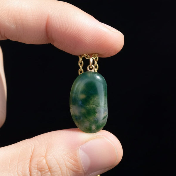 Vintage 9K Gold Moss Agate Lucky Bean Necklace