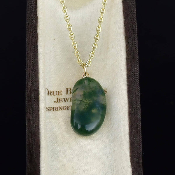 Vintage 9K Gold Moss Agate Lucky Bean Necklace