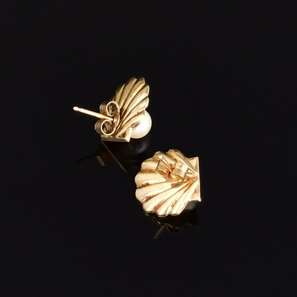 Vintage Pearl 9K Gold Scallop Shell Stud Earrings - Boylerpf
