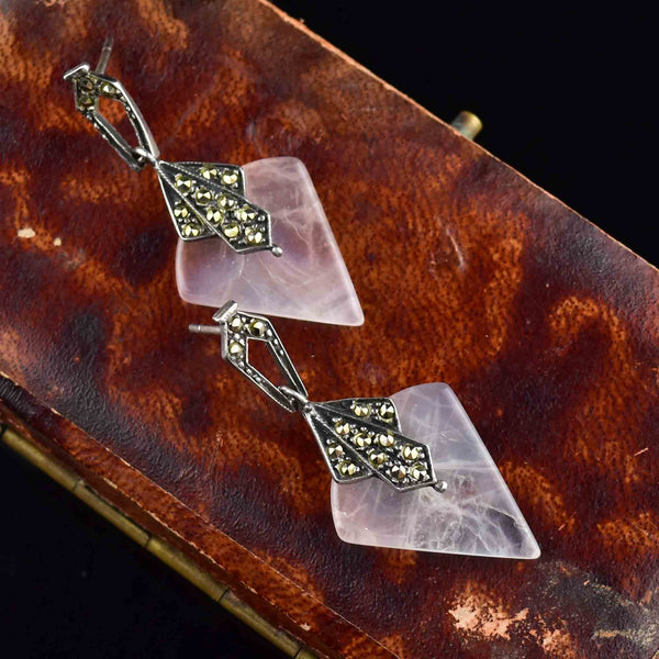 Vintage Silver Rose Quartz Marcasite Stud Drop Earrings - Boylerpf