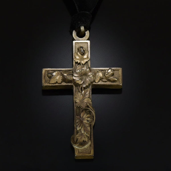 Large Antique Victorian Vulcanite Floral Cross Pendant