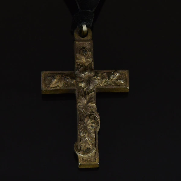 Large Antique Victorian Vulcanite Floral Cross Pendant