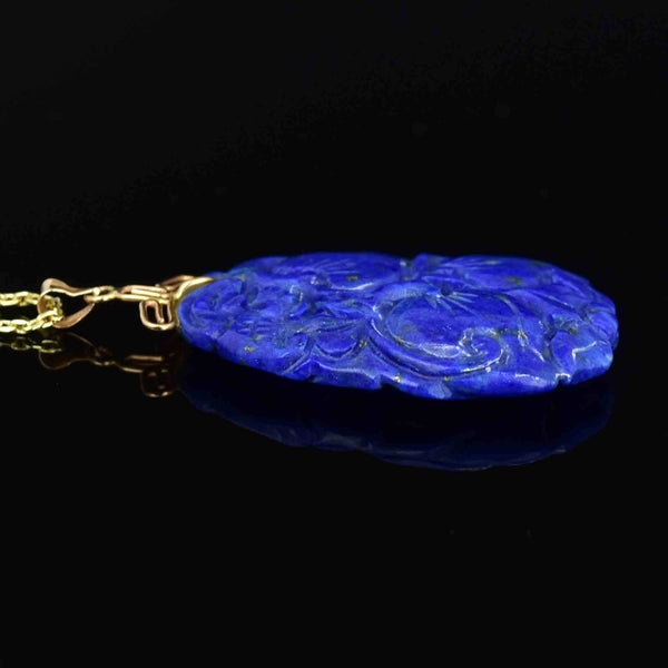 Vintage 14K Gold Carved Lapis Lazuli Flower Pendant Necklace - Boylerpf