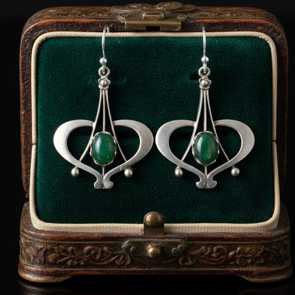 Vintage Arts & Crafts Silver Moss Agate Dangle Earrings
