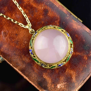 Vintage Rose Quartz Cabochon Enamel Pendant Necklace - Boylerpf
