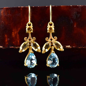 Vintage Gold Citrine Blue Topaz Leaf Earrings - Boylerpf