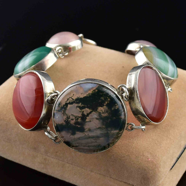 Vintage Silver Scottish Moss Agate Amethyst Banded Agate Bracelet - Boylerpf