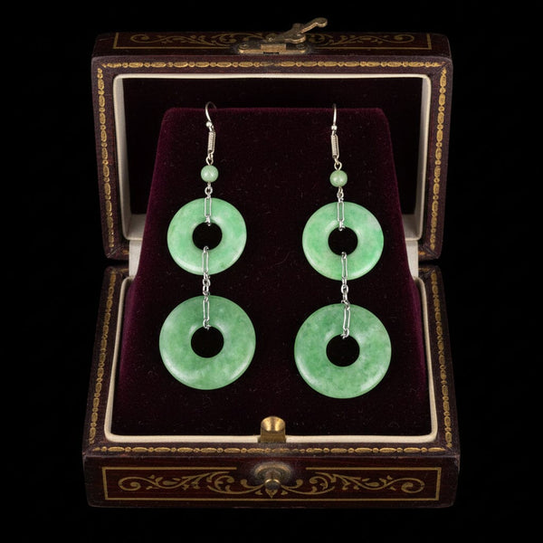 Art Deco Sterling Silver Jade Hoop Chandelier Earrings - Boylerpf