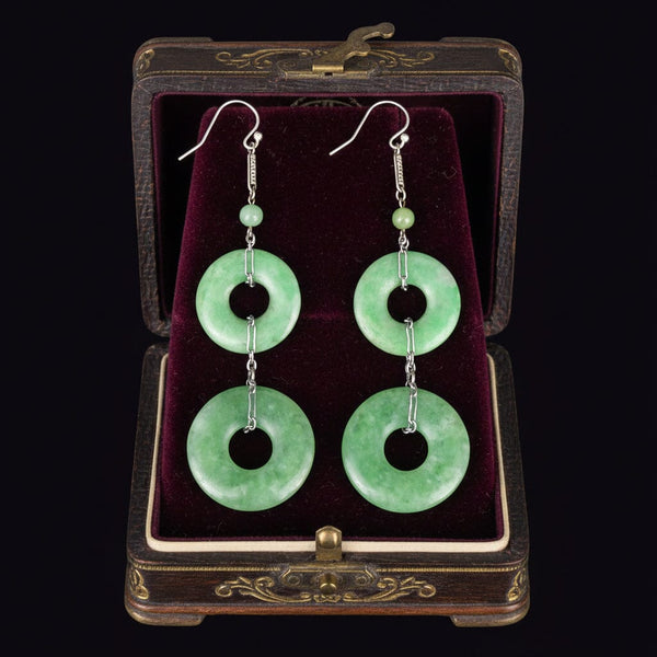 Art Deco Sterling Silver Jade Hoop Chandelier Earrings - Boylerpf