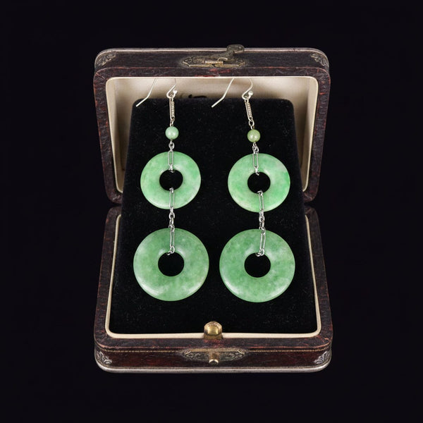 Art Deco Sterling Silver Jade Hoop Chandelier Earrings - Boylerpf
