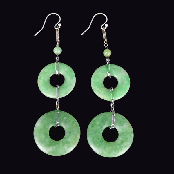 Art Deco Sterling Silver Jade Hoop Chandelier Earrings - Boylerpf