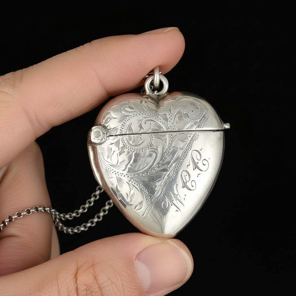 Antique Victorian Silver Puffy Heart Vesta Locket Pendant