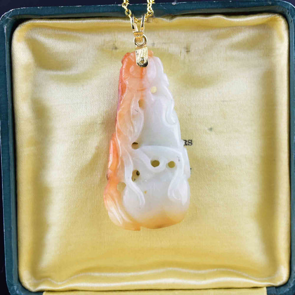 14K Gold Carved White and Red Jade Pendant Necklace - Boylerpf