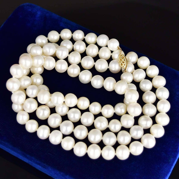 Vintage 14K Gold 36 inch Hand Knotted Pearl Strand Necklace