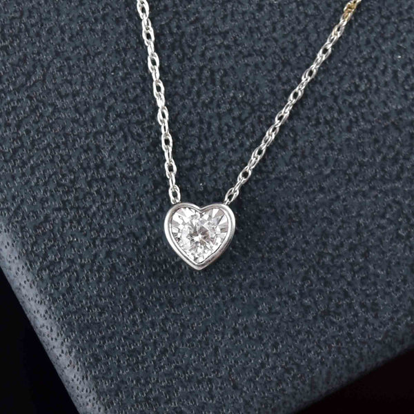 Vintage 10K White Gold Diamond Heart Slider Pendant Necklace - Boylerpf