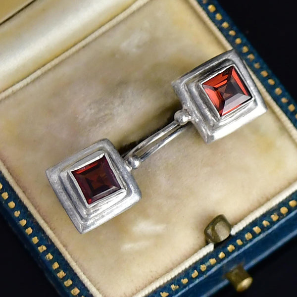 Vintage Sterling Silver Garnet Square Drop Earrings - Boylerpf