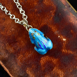 Vintage Silver Blue Enamel Frog Charm Pendant Necklace - Boylerpf
