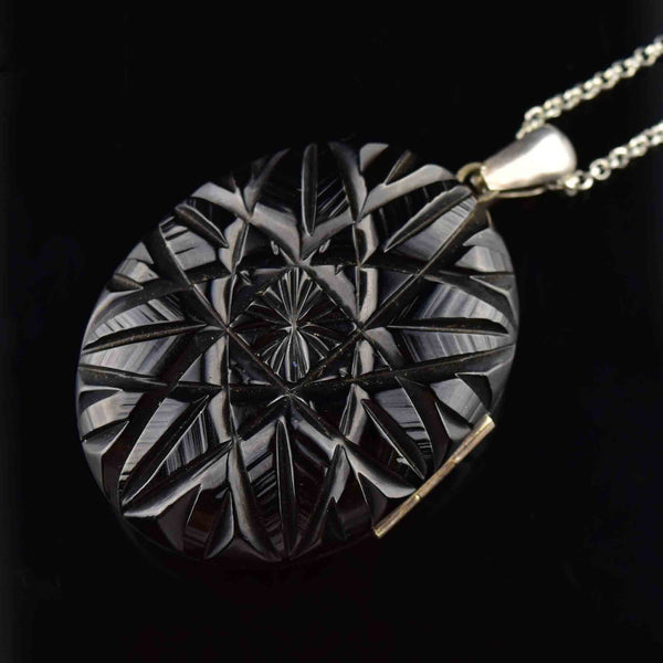 Antique Victorian Carved Whitby Jet Starburst Locket Necklace - Boylerpf