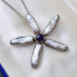 Vintage Silver Amethyst Baroque Pearl Star Pendant Necklace - Boylerpf